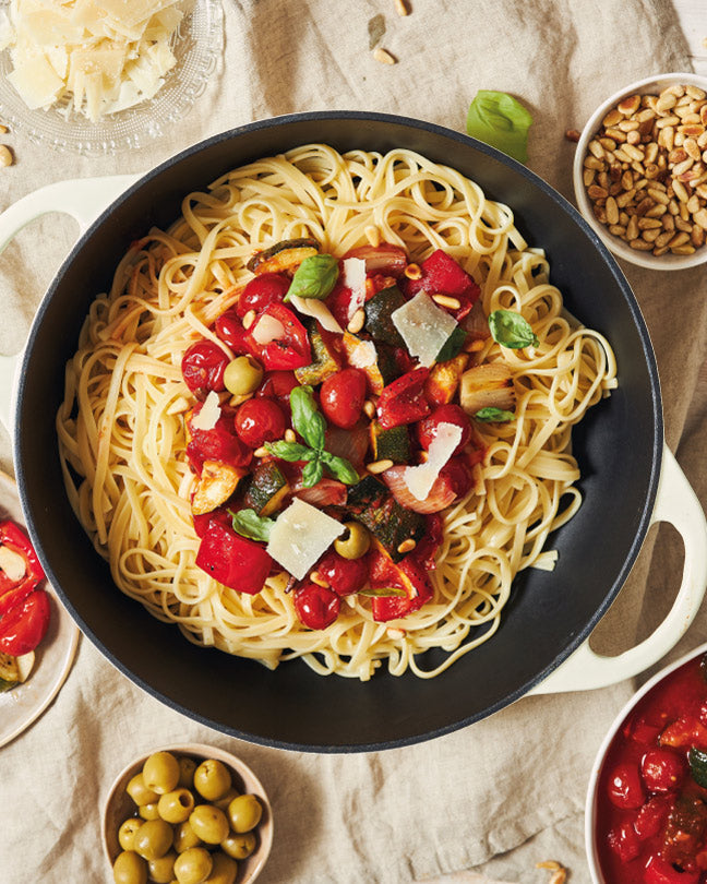 Nido de Pasta Caprese con Zapallito Italiano