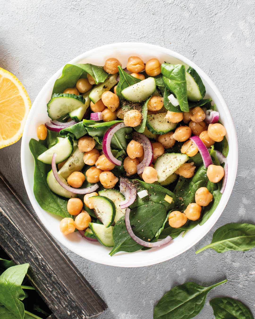 Ensalada de Garbanzos y Espinaca con Aliño Cítrico de Oliva