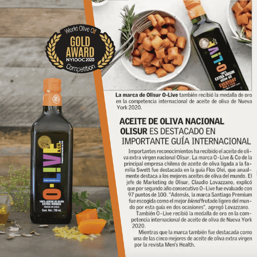 Gráfica que muestra la publicación en El Mercurio sobre el premio Gold Award que recibió el aceite de oliva O-Live & Co en la World Olive Oil Competition 2020.