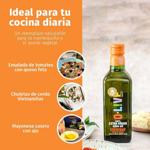 Gráfica de la botella de 750ml Aceite de Oliva Medalla de Oro O-Live&Co que indica que es el reemplazo perfecto para la mantequilla y muestra algunas reecetas