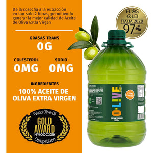 Botella de 750ml de aceite de oliva Medalla de Oro O-Live&Co. Indica la cantidad de grasas trans que tiene (cero), colesterol (cero) y sodio (cero)