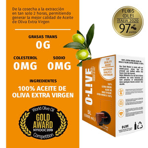 Ecopack de 5 lts de aceite de oliva Medalla de Oro O-Live&Co. Indica la cantidad de grasas trans que tiene (cero), colesterol (cero) y sodio (cero)