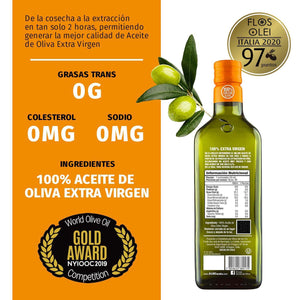 Botella de 750ml de aceite de oliva Medalla de Oro O-Live&Co. Indica la cantidad de grasas trans que tiene (cero), colesterol (cero) y sodio (cero)