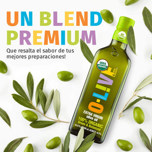 Gráfica que muestra la botella de 750ml de aceite de oliva O-Live&Co Orgánico y dice "Un premium blend que resaltará el sabor de tus preparaciones"
