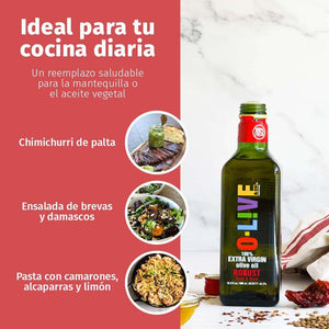 Gráfica que indica que la botella de 750 ml de O-Live&Co Orgánico es ideal para la cocina diaria más un texto que dice "Un reemplazo saludable para la mantequilla o el aceite vegatal"