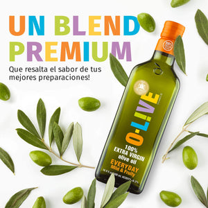 Gráfica que muestra botella de 750ml de aceite de oliva O-Live&Co y dice "Un premium blend que resaltará el sabor de tus preparaciones"
