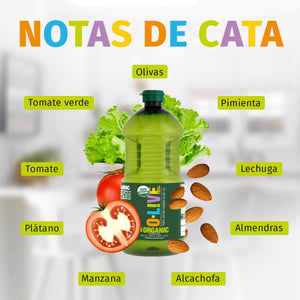 Guía que indica notas de cata del aceite de oliva orgánico de 2 lts tipo tomate verde, pimienta, olivas, tomate, lechuga, plátano, entre otros