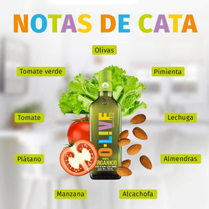 Guía que indica notas de cata de la botella de 750ml O-Live&Co Orgánico tipo tomate verde, pimienta, olivas, tomate, lechuga, plátano, entre otros