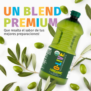 Gráfica que muestra el bidón de 2 lts de aceite de oliva O-Live&Co Orgánico y dice "Un premium blend que resaltará el sabor de tus preparaciones"