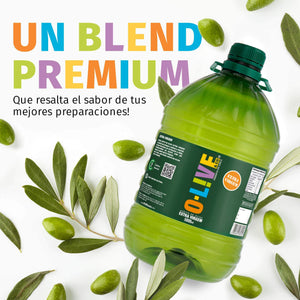 Gráfica que muestra bidón de 5000ml de aceite de oliva O-Live&Co y dice "Un premium blend que resaltará el sabor de tus preparaciones"