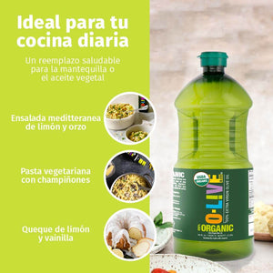 Gráfica que indica que el bidón de 2 lts orgánico deO-Live&Co es ideal para la cocina diaria más un texto que dice "Un reemplazo saludable para la mantequilla o el aceite vegatal"