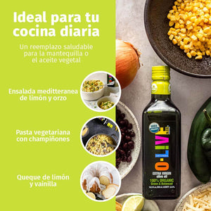 Gráfica que indica que la botella de 750 ml de O-Live&Co Orgánico es ideal para la cocina diaria más un texto que dice "Un reemplazo saludable para la mantequilla o el aceite vegatal"