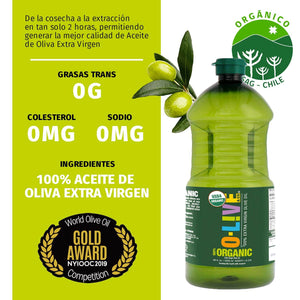 Bidón de 2 lts orgánico de aceite de oliva O-Live&Co. Indica la cantidad de grasas trans que tiene (cero), colesterol (cero) y sodio (cero), además indica que de la cosecha a la extracción en tan solo 2 horas, permite generar la mejor calidad de aceite de