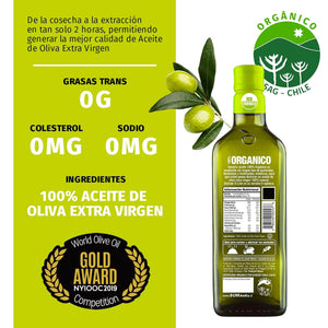 Botella de 750 ml orgánico de aceite de oliva O-Live&Co. Indica la cantidad de grasas trans que tiene (cero), colesterol (cero) y sodio (cero), además indica que de la cosecha a la extracción en tan solo 2 horas, permite generar la mejor calidad de aceite