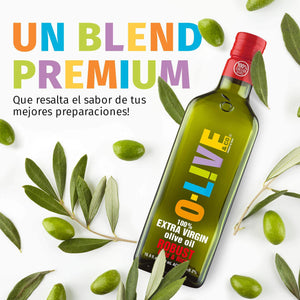 Gráfica que muestra la botella de 750ml de aceite de oliva O-Live&Co Robusto y dice "Un premium blend que resaltará el sabor de tus preparaciones"