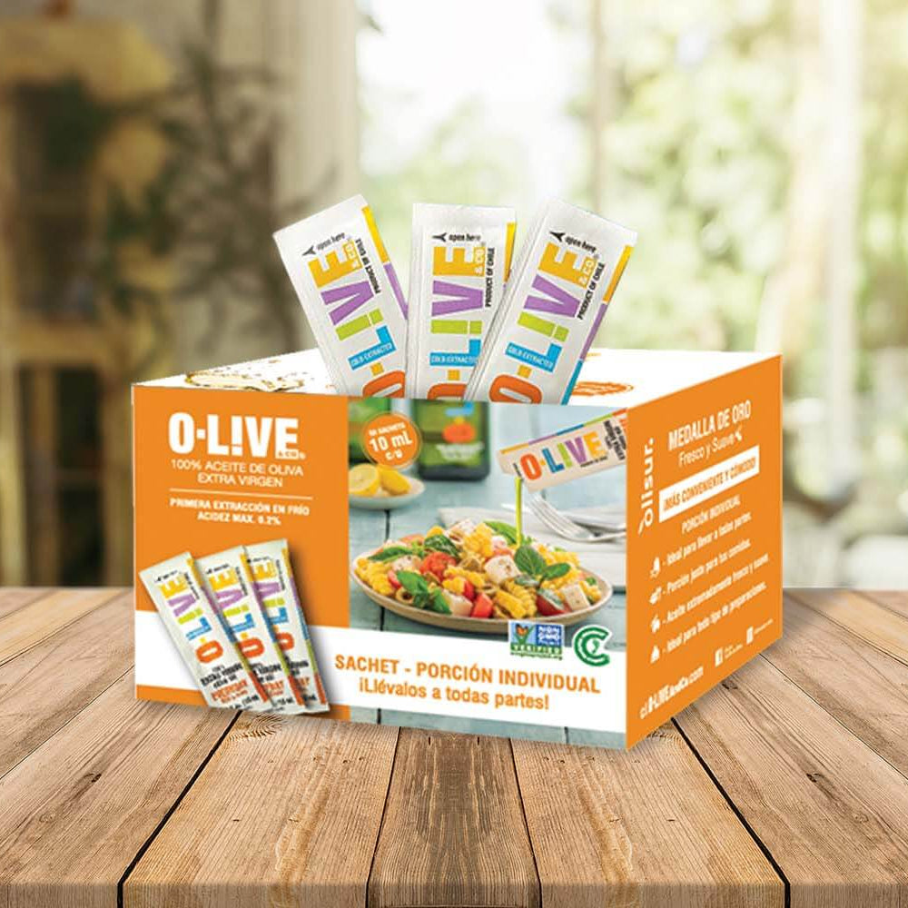 Caja con 50 unidades de sachet de 10ml con aceite de oliva Medalla de Oro O-Live & Co.